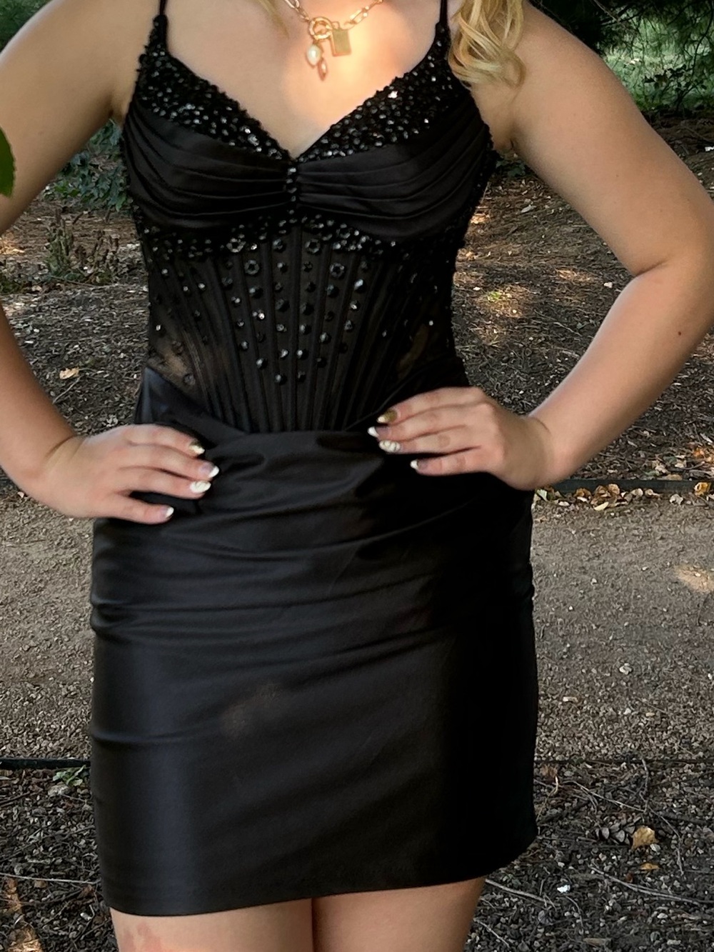 Black Embellished Satin Mini Dress